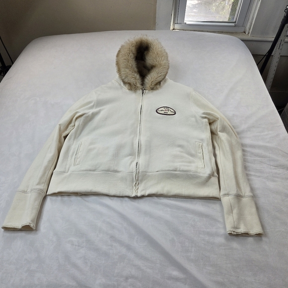 MVSport XL Cream Zip Hoodie with Faux Fur Lined Hood ADK Lake Placid Patch VTG - Picture 9 of 12